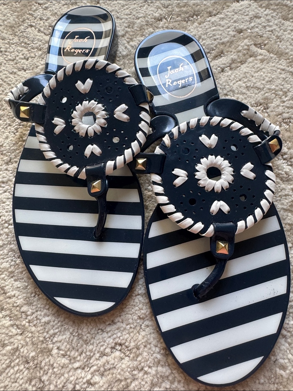 Jack Rogers Navy and White Striped Jelly Medallion Sandals